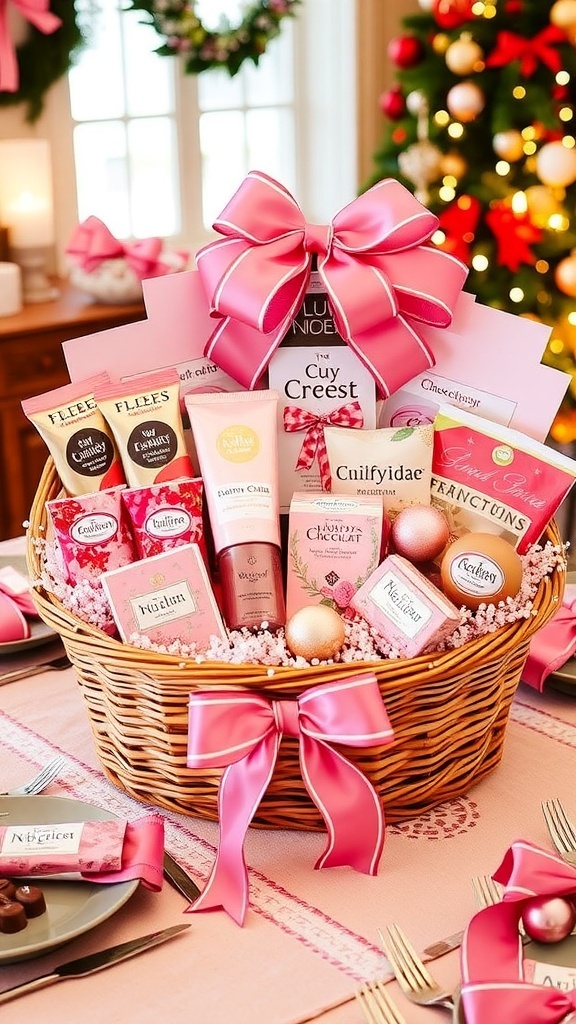 A pink Christmas gift basket filled with chocolates, bath products, and decorations, wrapped in a festive ribbon.